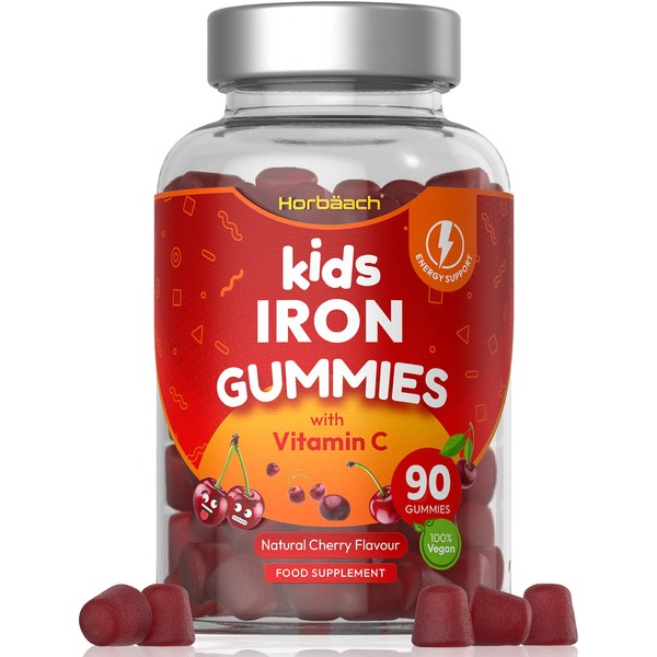 Kids Iron Gummies with Vitamin C | 90 Count | Natural Cherry Flavour | Chewable Vegan Supplement | by Horbaach