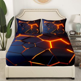 Honeycomb Print Bedding Sheet Red Black Fire Hexagonal Pattern Fitted Sheet for Kids Boys Girls Teens Beehive Geometrical Bed Sheet Set Breathable Simplistic Comforter Cover Room Decor Twin Size