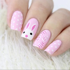 Easter Bunny Press on Nails Short, Easter Eggs Fake Nails Square Pink Glue on Nails with Color Swirls Eggs Cute Rabbit White Dot Design Easter Fake Nails for Women Girls Daily Wear in 24PCS