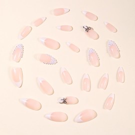 EYZOTSF Press on Almond Nails Medium Length Glossy Full Cover Acrylic Almond Shaped False Nails with Designs Artificial Fake Nail with Charms Glue Stick ons Fingernails for Women Girls(A100607)