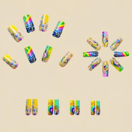 Spring Press on Nails Medium Coffin Fake Nails Flower Stick on Nails Colorful Glue on Nails Glossy Full Cover Acrylic False Nails Gradient Artificial Nails Reusable Nails Kit for Women Girls 24Pcs