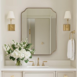 MIRRORART Gold Wall Mirror, 24"x32" Bathroom Vanity Mirror, Round Rectangle Mirror with Scalloped Edge, Brushed Gold Mirror with Anti-Rust Stainless Steel Frame Wall Mounted Vertical or Horizontal