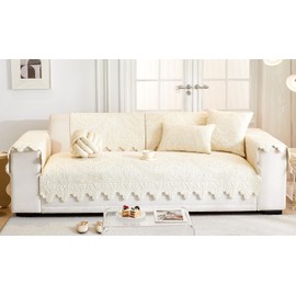 Huierxun Luxury Vintage Cotton Embroidery Sofa Cover 3D Floral Textured Boho Seat Cushion Cover Quilted Sectional Couch Cover Anti-Slip Sofa Slipcovers Furniture Protector for Pet Dog (Beige,36"x47")