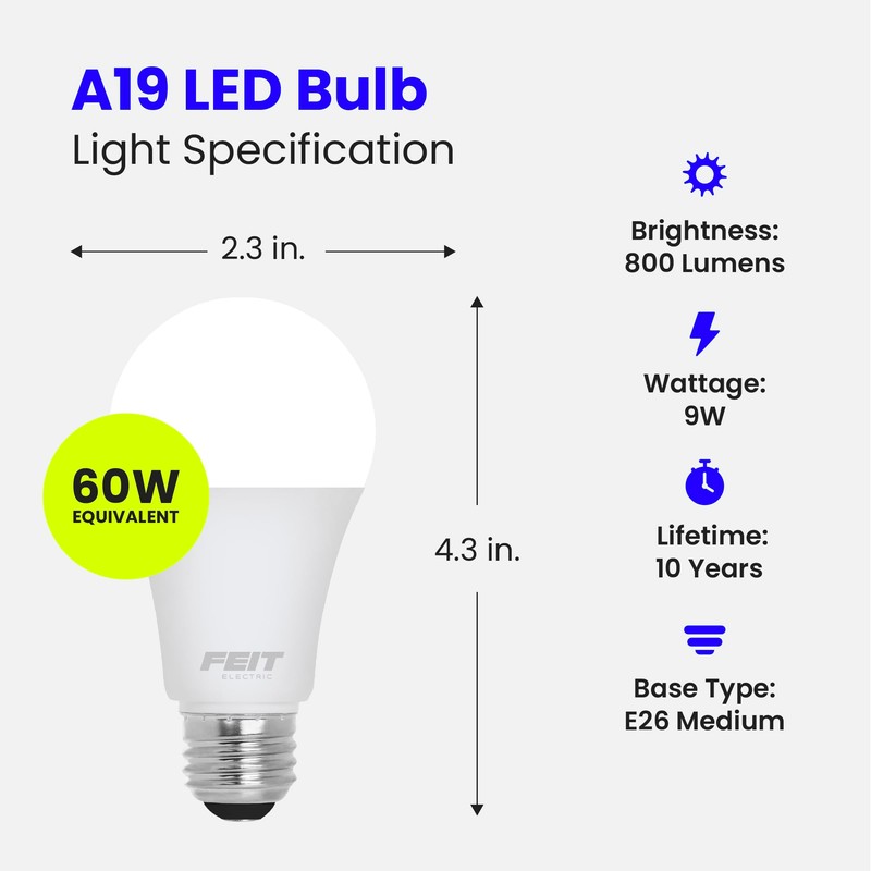 Feit Electric A19 LED Light Bulb, 60W Equivalent, Non Dimmable,