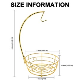 Livabber Countertop Fruit Basket Bowl with Banana Hanger, Modern Standing Fruit Vegetable Bowl Storage, with Banana Tree Holder for Kitchen Dinning Table (Round Metal, Gold)