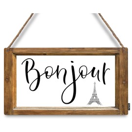 Mdulftar Eiffel Tower Welcome Door Sign France Letter Bonjour Wooden Hanging Sign 12" x 6" Rectangular for Indoor Outdoor Home Porch Window Decor