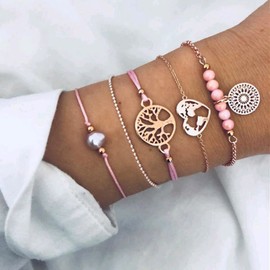Aneneiceera Simple Tree of Life Bracelet Love Card Hand Chain Boho Pink Beads Gold Bracelets Hand Chain Set Jewellery Gifts for Women Teenage Girls 5-Piece Set, Metal