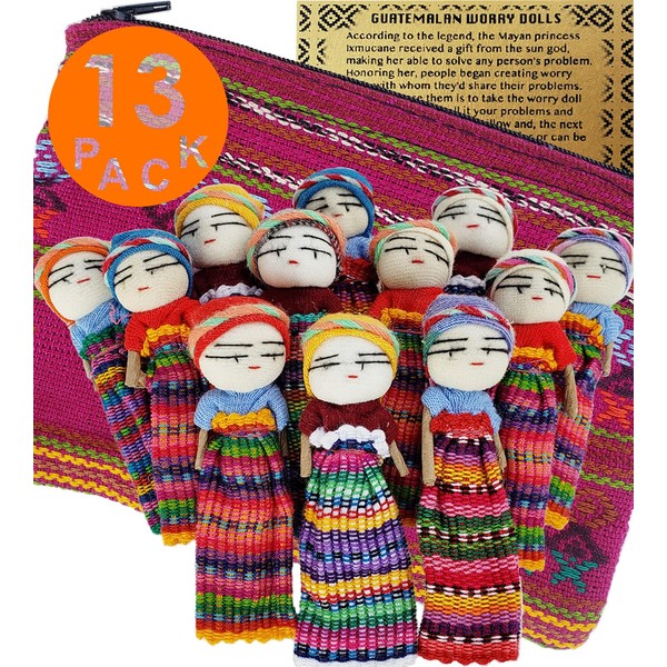 5ô2 12 Super Cute Large Worry Dolls + 1 Free Guatemala Fabric Bag Handmade Worry Doll for Our Guatemala Worry Dolls Set - Worry Dolls Guatemala - Guatemalan - Guatamalen (12 Worry Dolls in 1)