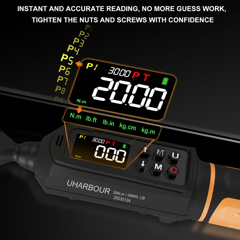 Uharbour Digital Torque Wrench 1/4 Drive, 1.1-22.1 Ft-lbs/1.5-30Nm Range, Electric