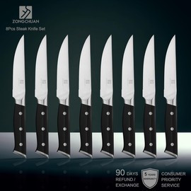 zongchuan 4.5 Inch Steak Knives Set of 8, Micro-Cutting Point Sawtooth Edge, Very Sharp Steak Knife, Dishwasher Safe, 50CR15MOV Stainless Steel, Handle Ergonomic And Full Tang Design With Gift Box