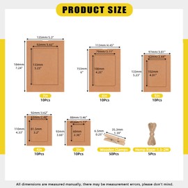 Mardatt 50 Set Brown Paper Picture Frames, Includes 3" 4" 5" 6" 7" Cardboard Hanging Photo Frames with Wooden Clips, Strings for Home Decor