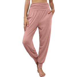 Locoowai 2 Pack Women's Yoga Joggers, Cozy Sweatpants with Pockets Casual Loose Comfy High Waisted Lounge Pants (Dark Gray, Pink,Medium)