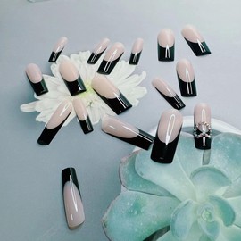 24Pcs Coffin Press on Nails Long Fake Nails with French Rhinestones Heart Designs Extra Long Square False Nails with Charms Nail Decorations Glitter Acrylic Nails Glue on Nails for Women Girls