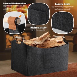 Ciberate XXXL 100L Felt Basket for Firewood Firewood Basket Foldable Felt Bag with Non-Slip Handles and Front Pocket Firewood Basket as Storage Basket for Wood, Shopping (60 x 40 x 40 cm)