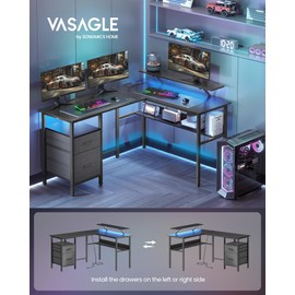 VASAGLE L-Shaped Desk with Power Outlets, Computer Desk with Monitor Stand, Corner Desk, Gaming Desk with LED Lights, 2 Drawers, Easy to Assemble, for Home Office, Ebony Black ULWD095B56