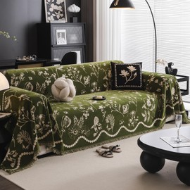 DREAMINGO Green Floral Couch Cover Farmhouse Botanical Jacquard Sofa Covers for 3 Cushion Couch Cozy Chenille Living Room Furniture Futon Sectional Sofa Slipcovers Washable, X-Large 71"x134"