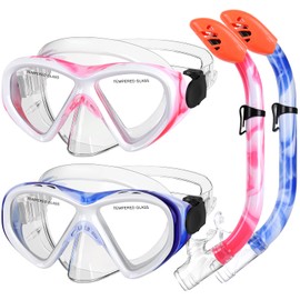 Kids Snorkel Set, Children Anti-Fog Diving Mask Swimming Goggles Dry Top Snorkel Equipment Snorkeling Packages Swimming Gear for Youth Boys Girls Age 5-10 (Blue White+Pink White)