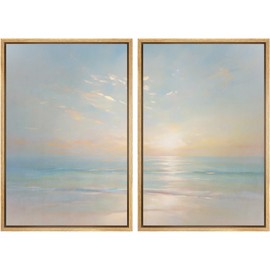 MUDECOR Framed Canvas Print Wall Art Set Ocean Sunset Coastal Seascape Beach Illustrations Modern Art Decorative Bohemian Calm/Zen for Living Room, Bedroom, Office - 24"x36"x2 NATURAL