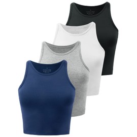 Kole Meego Crop Tops For Women Workout Cropped Tank Top Trendy High Neck Camisole Yoga Shirts Athletic Undershirts 4 Pack Black/White/Grey/Navy M