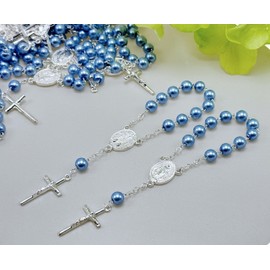 25 Pc Oyster Blue Crystal Pearls Baptism Favors Mini Rosaries Silver Plated/Recuerditos De Bautismo/Christening Favors/Decenarios/Decades/Finger Rosaries