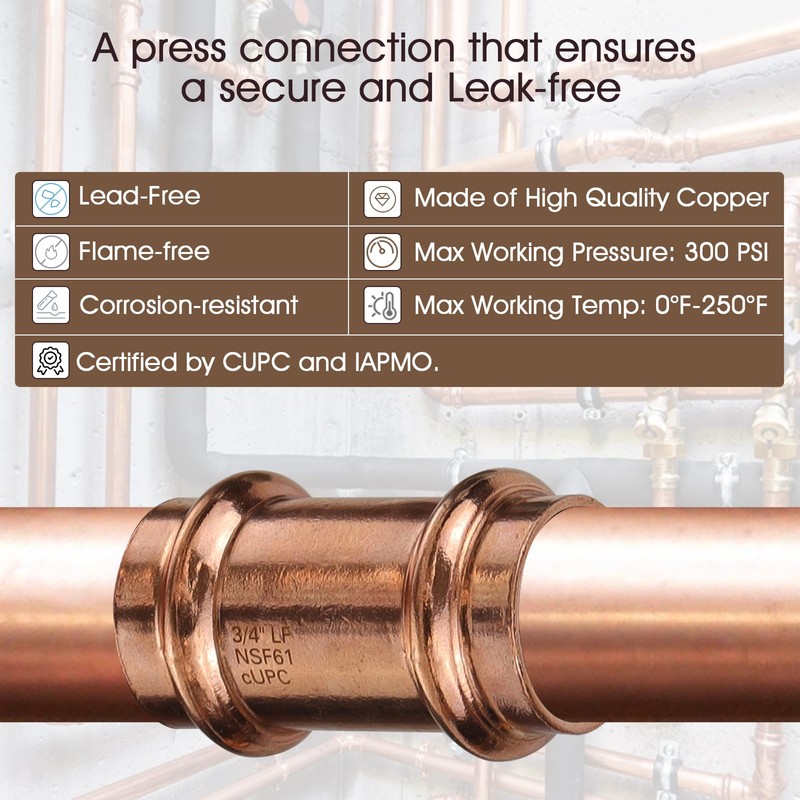 12PK Copper Press Fittings 3/4 inch Coupling with Stop Zero