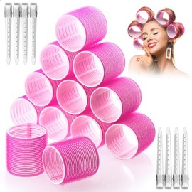 Jumbo Hair Curlers Rollers, 12Pcs 60mm Jumbo Hair Roller Curlers Self Grip Holding Rollers with 12Pcs Hair Clips for Long Straight Thick Hair (Rose Re
