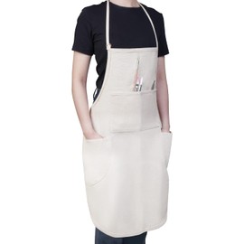 CONDA Adjustable Bib Apron with 3 pockets,100% Cotton Canvas,Creamy White Canvas Pottery Apron for Arts and Craft, 30.7x25.6 inches