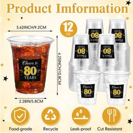 Funnymoom 100 Pack 80th Birthday Cup 12 oz Cheers to 80 Years Happy Birthday Disposable Clear Plastic Cups for Him Men Women Wedding Anniversary Decorations Party Favors
