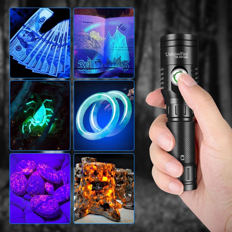 UniqueFire 1602-365nm UV Black Light Flashlight, High Power USB-C Rechargeable