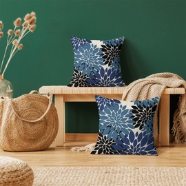 CXMEIFLY Navy Blue Black Pillow Covers 16x16 Inch Set of 2 Dahlia Floral Decor Throw Pillows Summer Modern Geometry Flower Outdoor Decorative Cushion Cases for Sofa Couch Bed Decoration