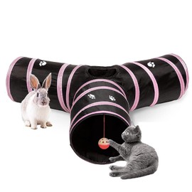 MOWOK Cats Bunny Tunnel Tube, 3 Way Collapsible Small Animal Play Tunnel Toys with Ball for Indoor Cat Kitten Bunny Rabbit Ferret Small Animals Pink
