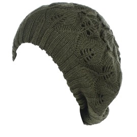 BYOS Winter Chic Warm Double Layer Leafy Cutout Crochet Knit Slouchy Beret Beanie Hat (Olive Green Leafy)