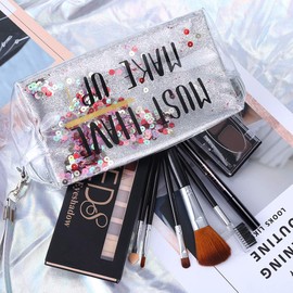 All in One Makeup Gift Set -12 Colors Eyeshadow Palette + Waterproof Black Eyeliner Pencil + Duo Pressed Eyebrow Powder Kit + 5 Brushes and Quicksand Silver Cosmetic Bag