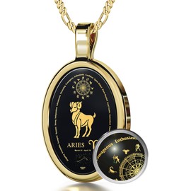 Gold Plated Silver Aries Necklace Zodiac Pendant Gift for Women Birthday Jewelry 21st March to 19th April Gold Inscribed on Onyx, 18" Rolo Chain