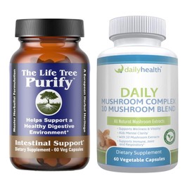 Daily Health - Purify Advanced Intestinal Support and Microbial Cleanse Formulation (60 Capsules) & 10 Mushroom Blend Complex Vegan Friendly for Immune, Joint and Respiratory Support (60 Capsules)