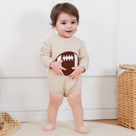 Dewadbow Newborn Football Outfit Baby Boy Girl Embroidery Bubble Romper Long Sleeve Jumpsuit Cute Infant Fall Winter Clothes (Apricot, 3-6 Months)