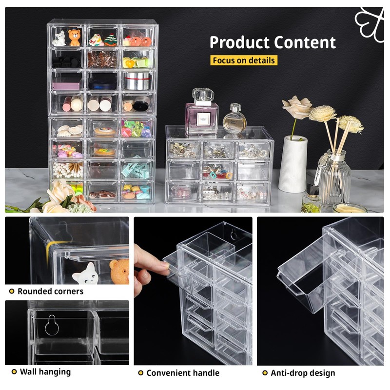 SUPAWAY Mini Transparent Drawer Organizer Small Drawers Stackable Storage Box