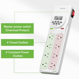BN-LINK 8 Outlet Surge Protector with 7-Day Digital Timer (4 Outlets Timed, 4 Outlets Always On) - White