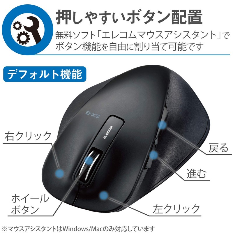 Elecom M-XGM10DBBK Wireless Mouse (Receiver Included), 5 Buttons (With Back/Forward