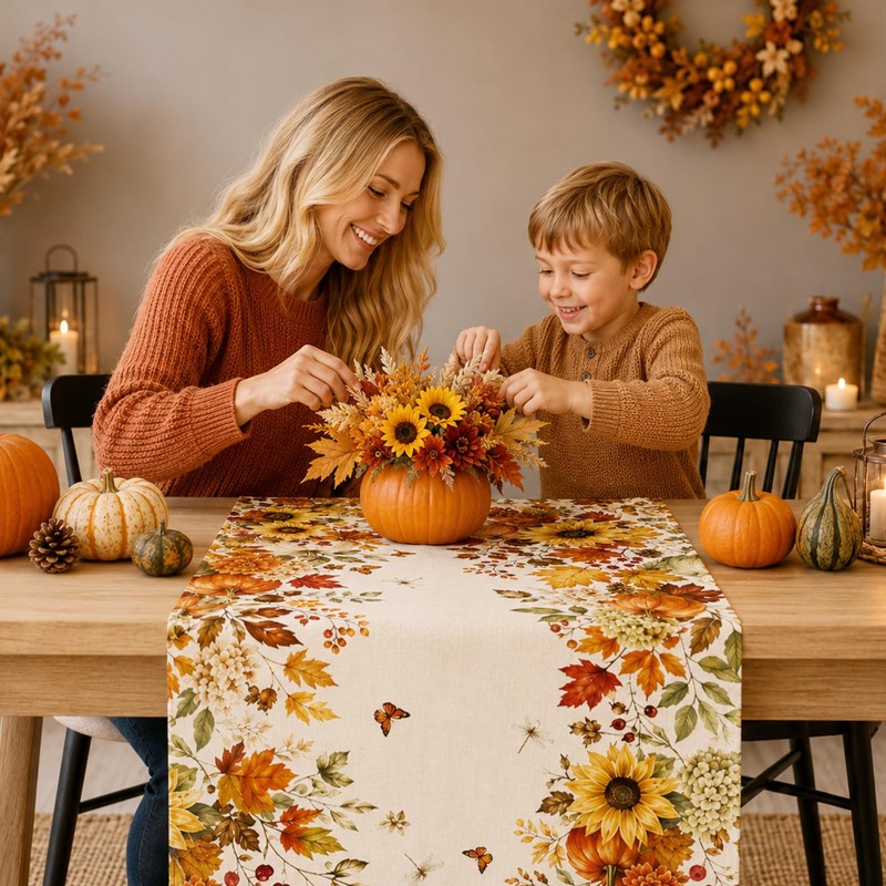 Fall Table Runner 13×72 in with Fall Decor Pumpkin, Sunflower&Leaf