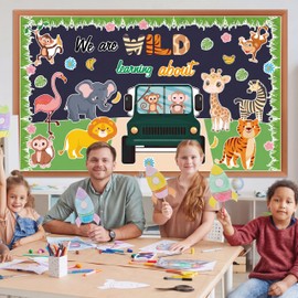 Jungle Animals Bulletin Board Set Safari Jungle Classroom Decoration We are Wild About Learning Bulletin Board Wild Monkey Elephant Paper Cutouts for Back to School Classroom Chalkboard Wall Decor