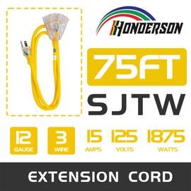 HONDERSON 3-Outlets Indoor Outdoor Extension Cord Weatherproof with Lighted End, UL Listed, 12 Gauge 75FT Yellow 3 Prong Heavy Duty, 12/3 SJTW 15A Extension Cord