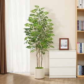 Artificial Moringa Tree 6FT Tall Fake Plant Artificial Trees with White Planter for Home Decor Indoor Faux Silk Moringa Floor Plant with Green Fake Moss for Office Living Room Housewarming Gift