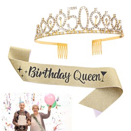 Abeillo 50th Birthday Crown and Sash, 50th Birthday Tiara Birthday Queen Sash, 50th Birthday Decoration for 50th Birthday Women Gift