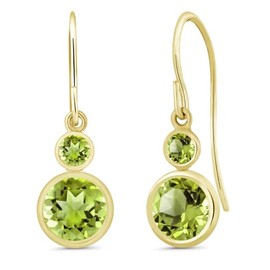 Gem Stone King 14K Yellow Gold Green Peridot French Wire Drop Dangle Earrings For Women | 2.04 Cttw | Gemstone August Birthstone | Round 6MM and 3MM