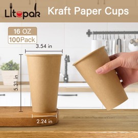 LITOPAK 100 Pack 16 oz Kraft Paper Cups, Disposable Coffee Cups, Disposable Drinking Cups, Hot Coffee Cups, and Paper Coffee Cups for Water, Coffee, Juice, and Milk.