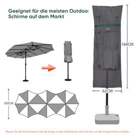 Sekey Double Parasol Protective Cover with Pole, Cover for Garden Umbrella with Ventilation Holes, Cover for Oval Parasol, Market Umbrella, Balcony Umbrella, 100% Polyester, Dark Grey