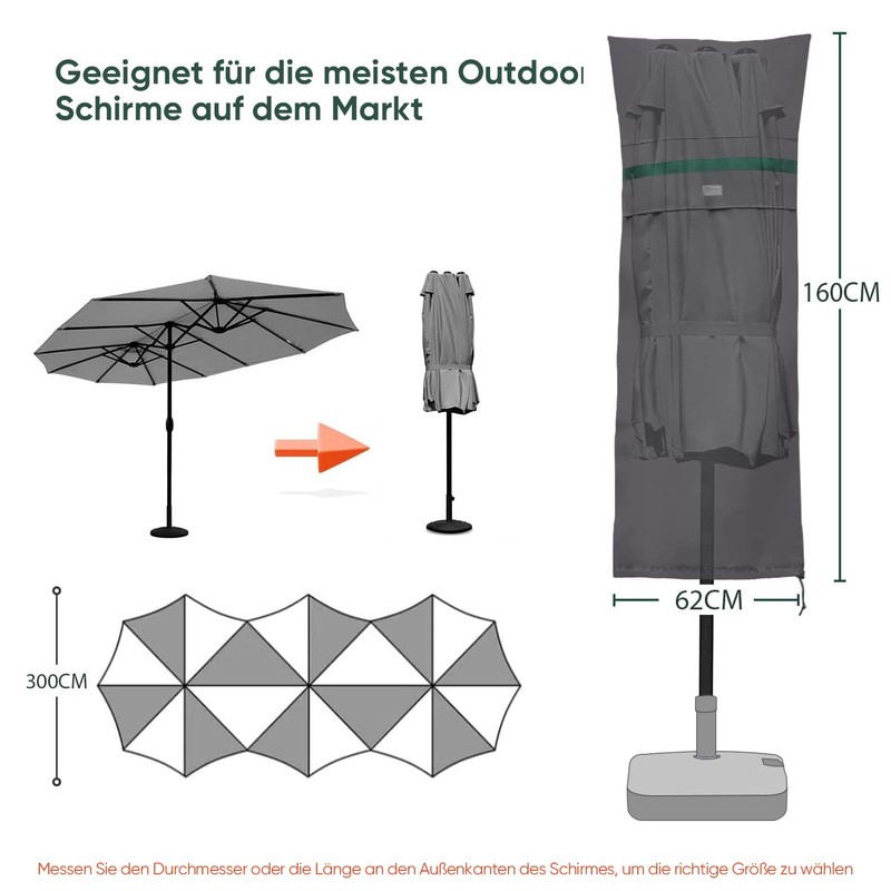 Sekey Double Parasol Protective Cover with Pole, Cover for Garden