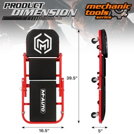 M-AUTO 40-Inch Folding Creeper Rolling Seat, All-in-One Adjustable Roller Garage Chair, Lay Down or Sit, 330LBS Capacity Under Car Roller Creeper with 6 Swivel Casters, Red