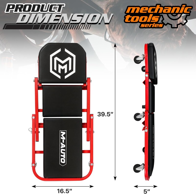 M-AUTO 40-Inch Folding Creeper Rolling Seat, All-in-One Adjustable Roller Garage